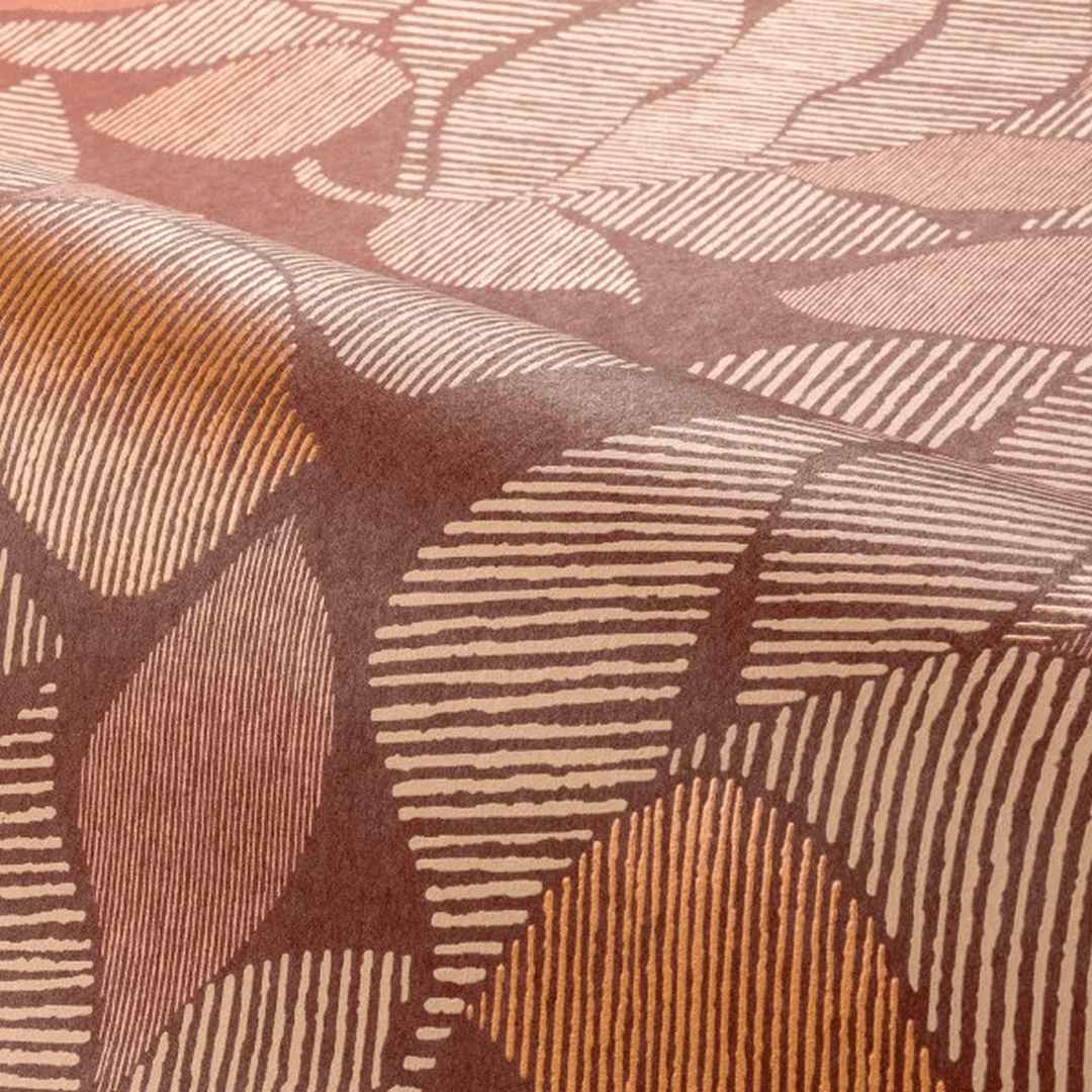 Palm leaf patterned wallpaper with metallic effect LONTARA - TERRACOTTA/CUIVRÉ burgundy with copper