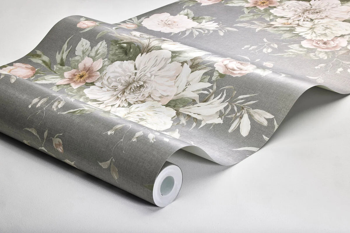 Non-woven paper wallpaper with a floral pattern FLORAL CHARM gray with white and pink