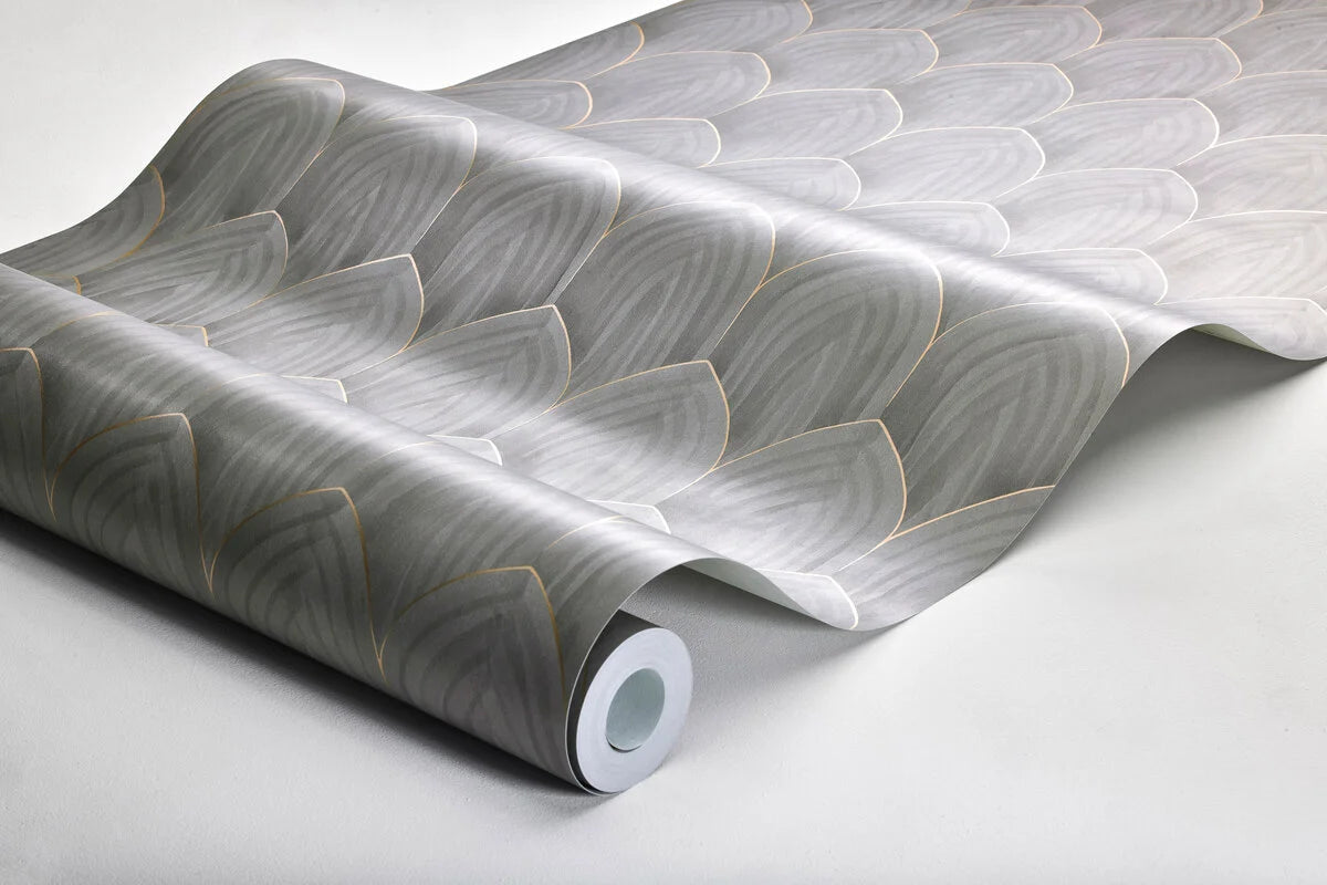 Tapeta s geometrickým vzorom oblúkov ZLATÉ OBLÚKY šedá