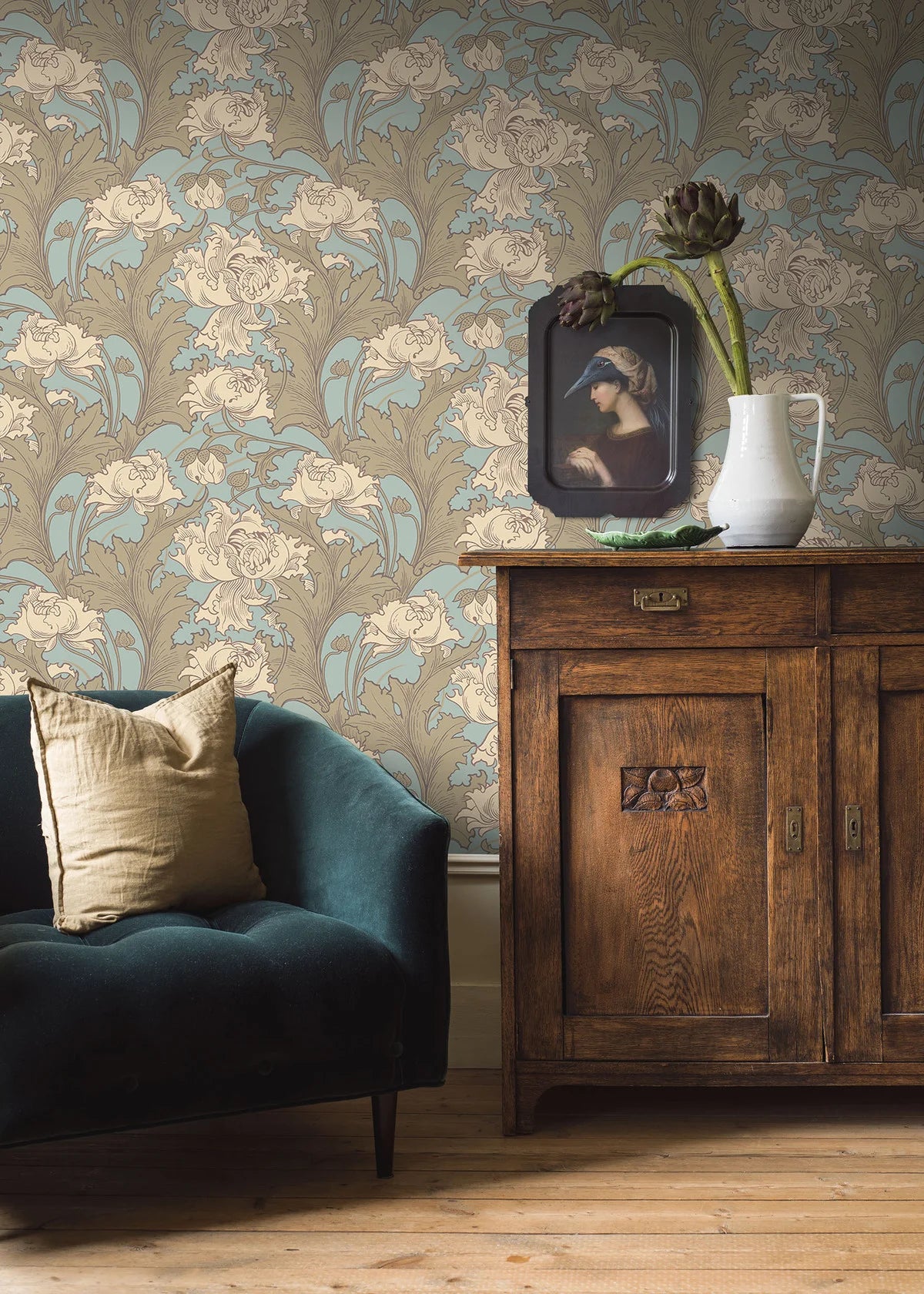 Papierová flizelínová tapeta s rastlinným vzorom SIRI krémová s tyrkysovou