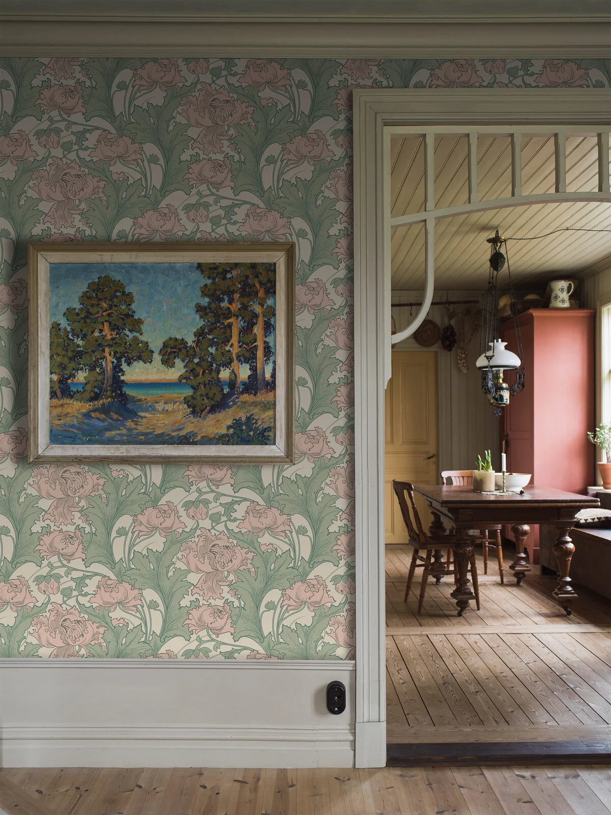 Papierová flizelínová tapeta s rastlinným vzorom SIRI pastelová ružová s béžovou a zelenou