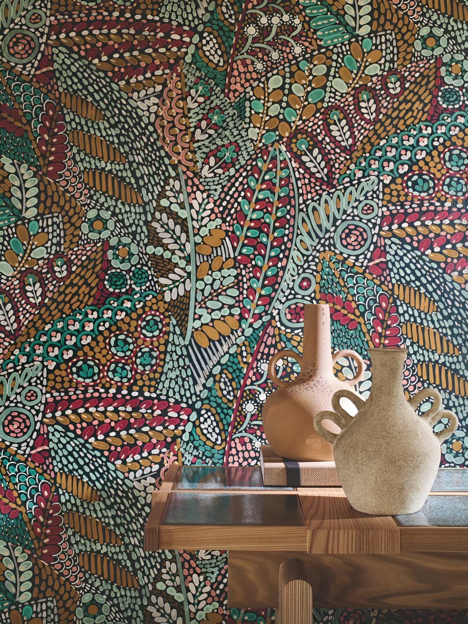 Tapeta s rastlinným motívom listov TALAVERA - CÉLADON/AMANDE mätovo zelená s mandľou