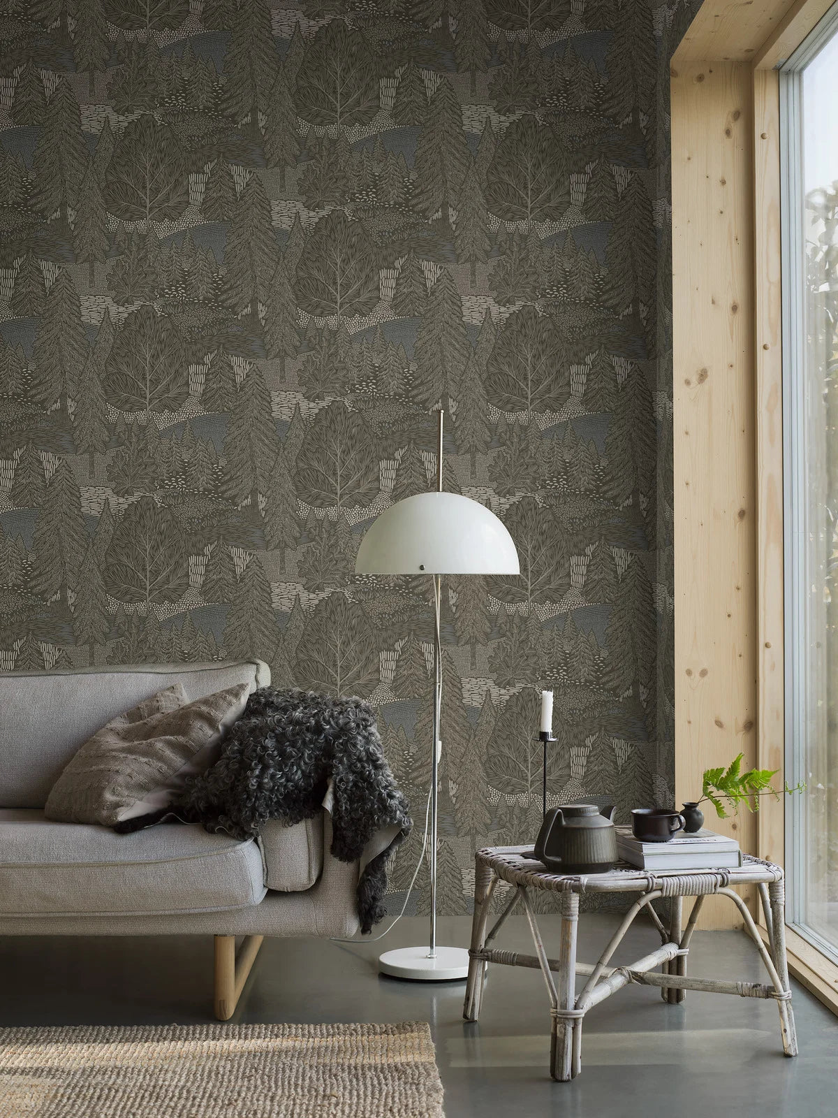 Northern Forest Plant Motif Wallpaper in Muted Green