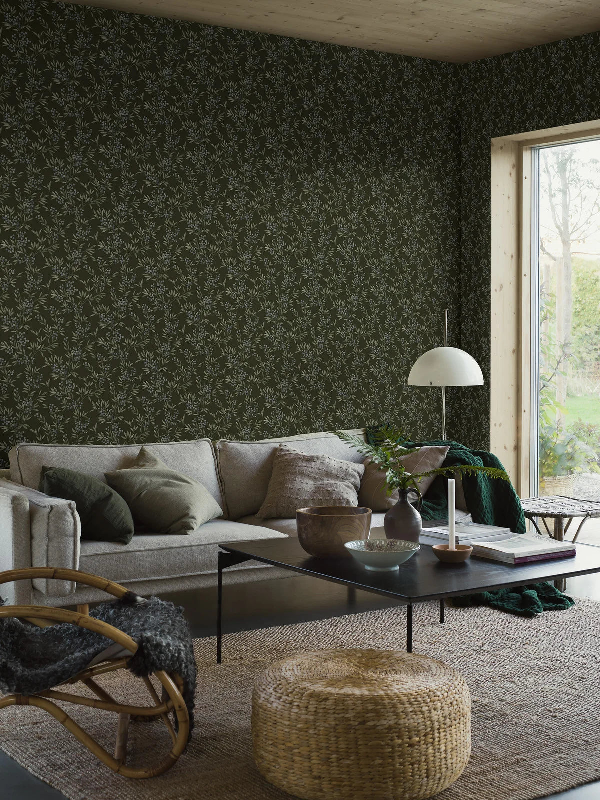 Forest Berries Green and Blue Floral Wallpaper