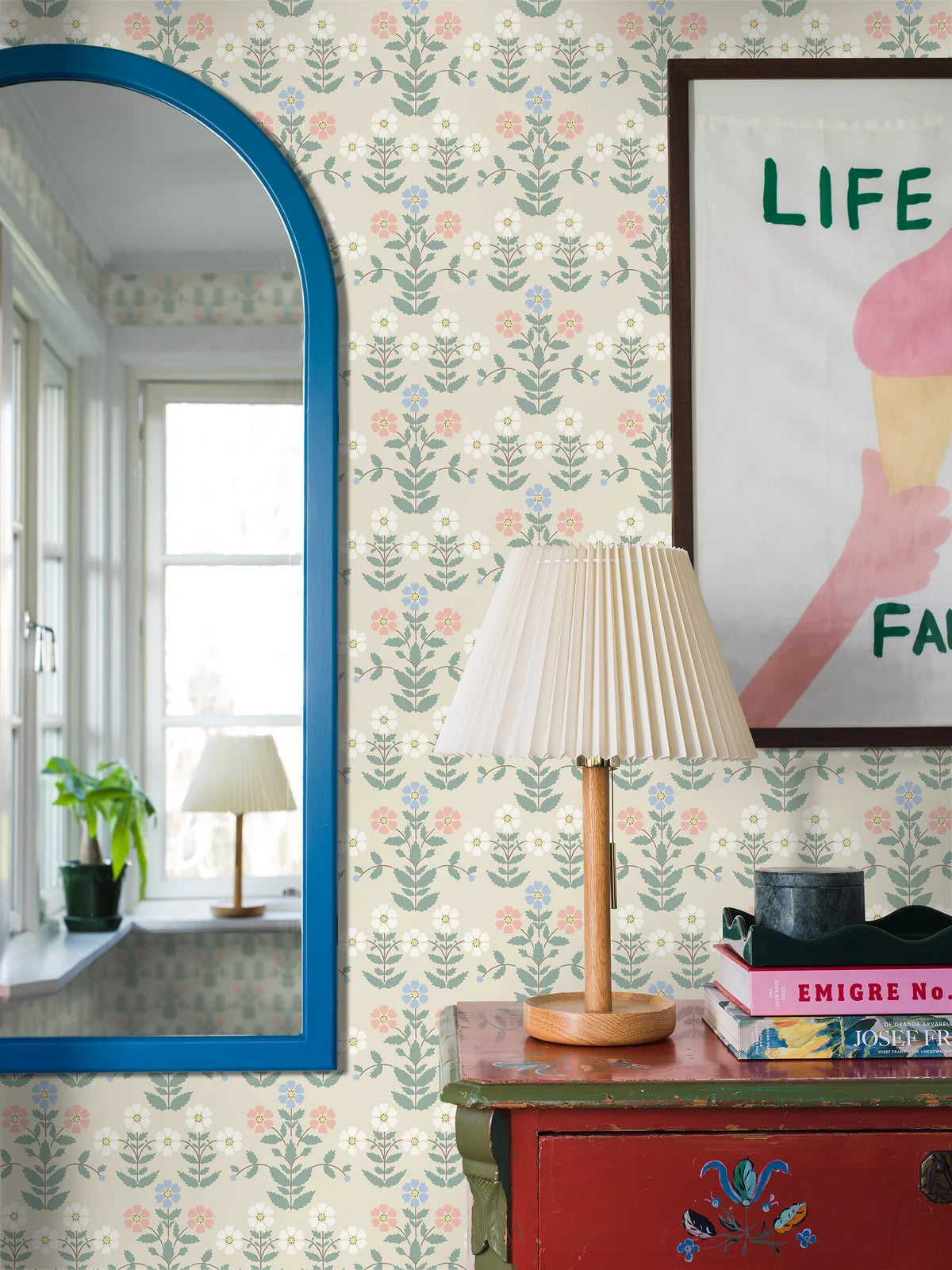 SIPPOR Beige Floral Plant Motif Wallpaper with Blue