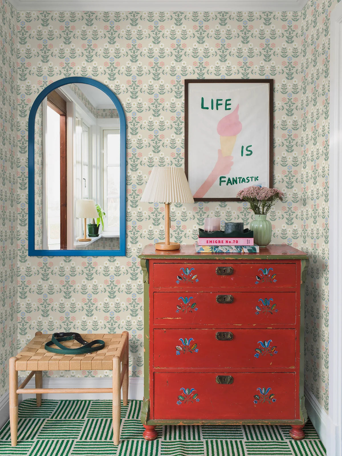 SIPPOR Beige Floral Plant Motif Wallpaper with Blue