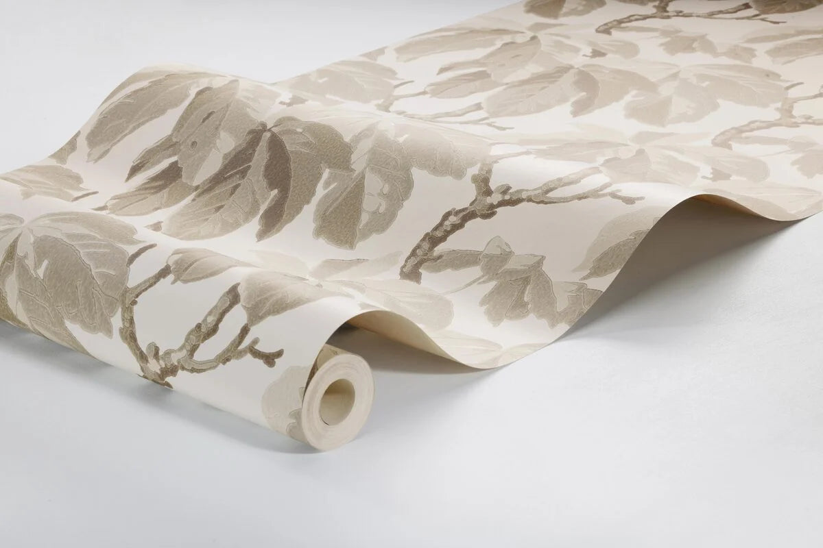 Tapeta s rastlinným motívom listov KASTANJI biela s hnedou