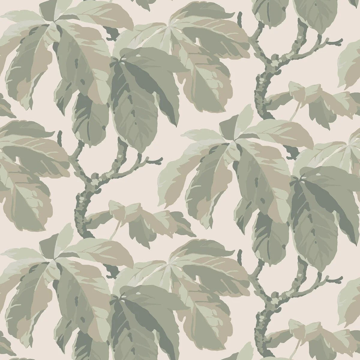 Cream wallpaper with a leafy plant motif KASTANJI in green