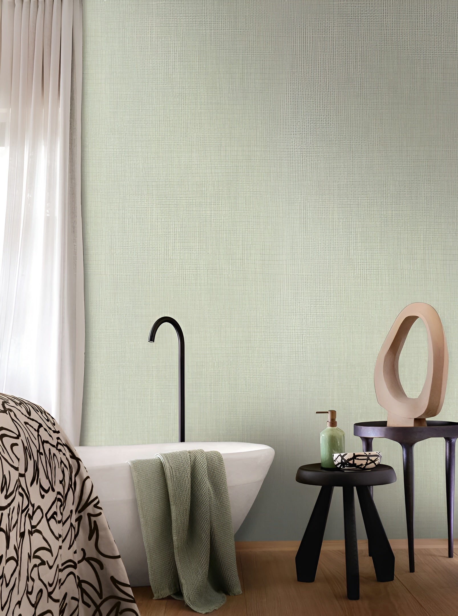 Structural wallpaper imitating linen canvas SHINOK - VERT FUME burnt green