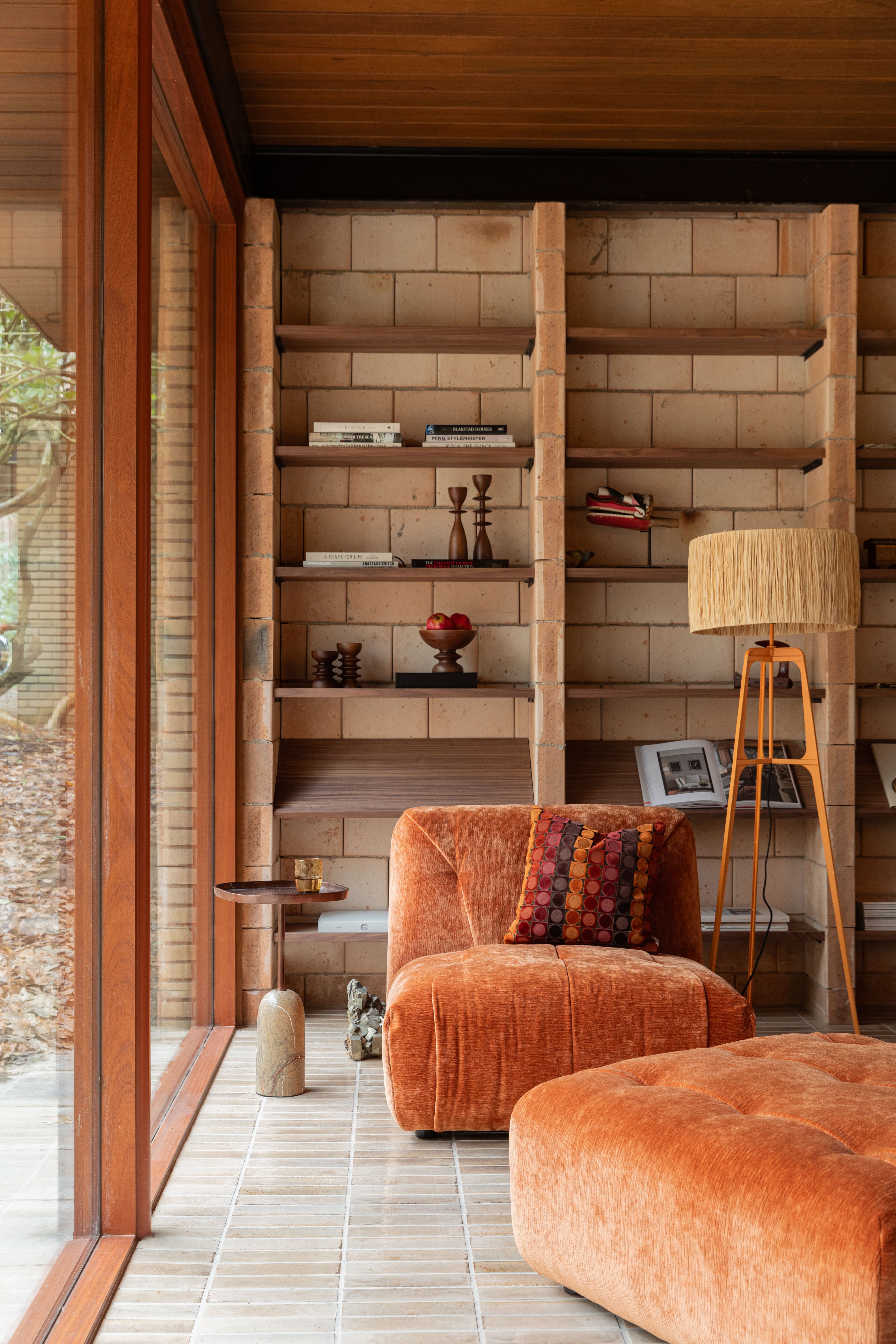 AFRA tripod floor lamp light brown with orange base