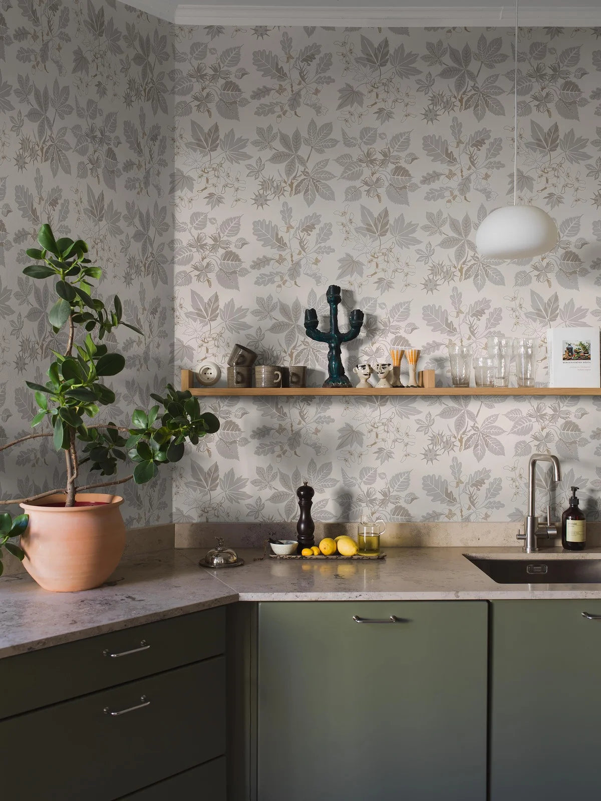 Cream floral leaf wallpaper ARBORETUM with gray