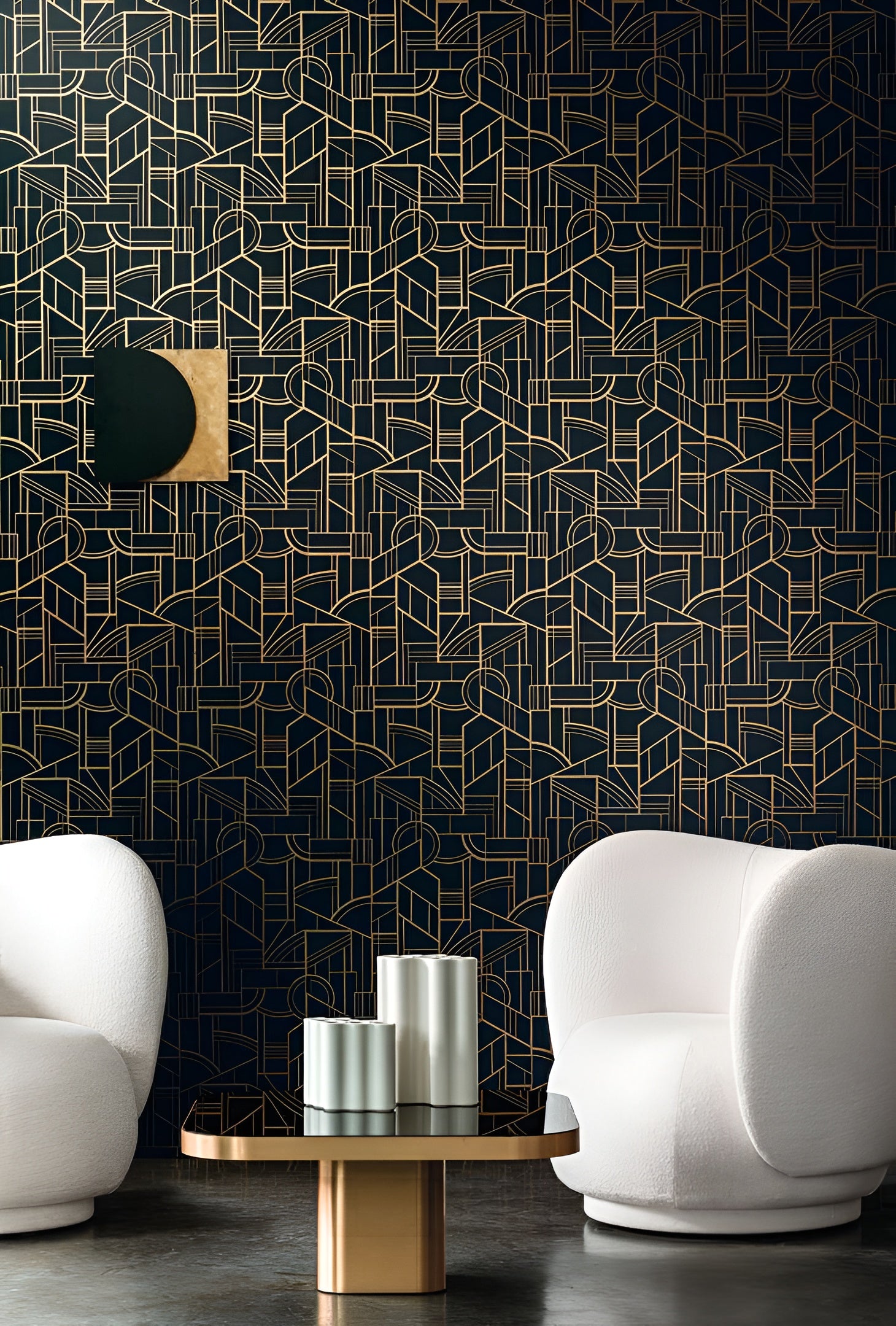 Metallic textile wallpaper with an Art Deco geometric pattern REIMS - AMBRE golden with white