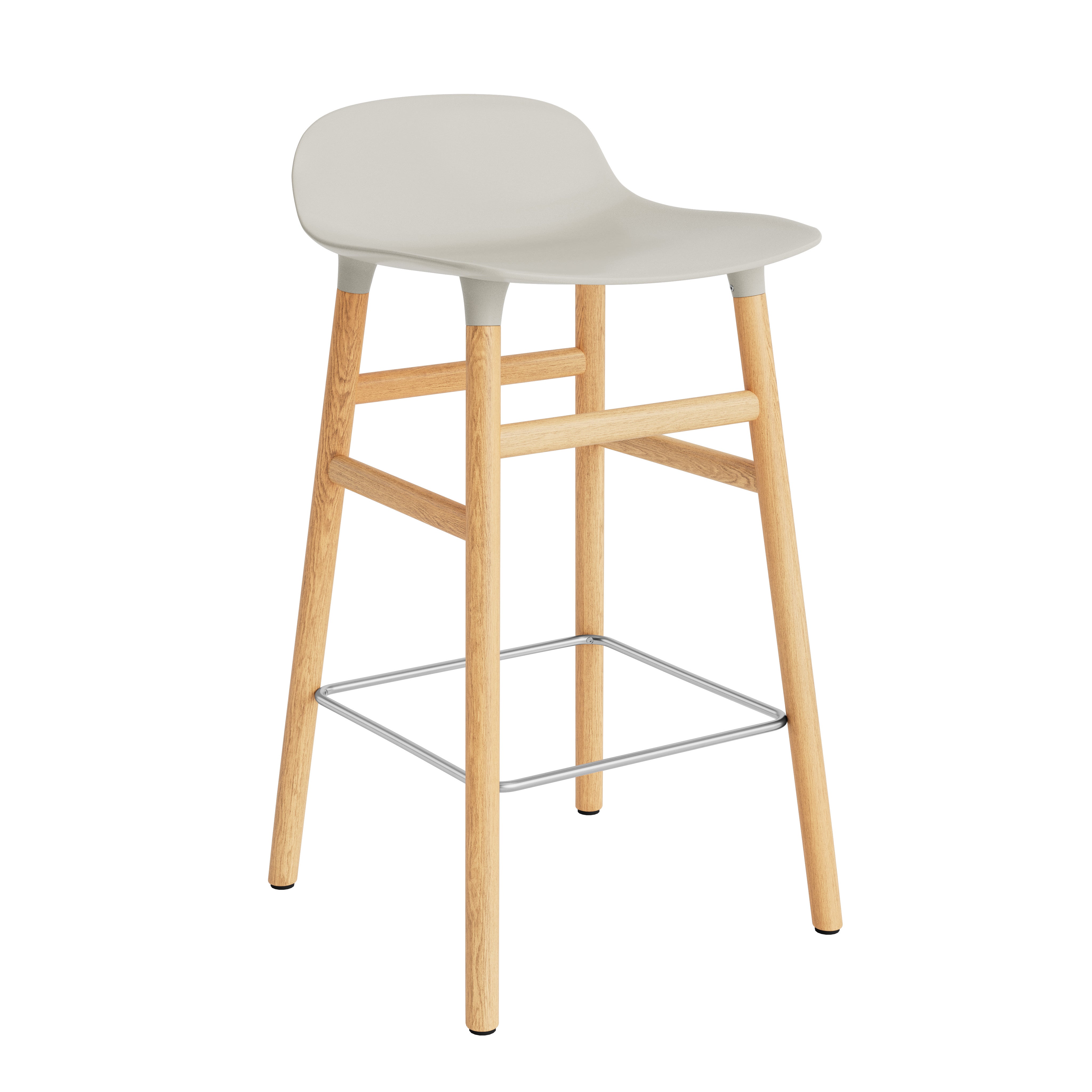 Hocker of light gray forms with an oak base