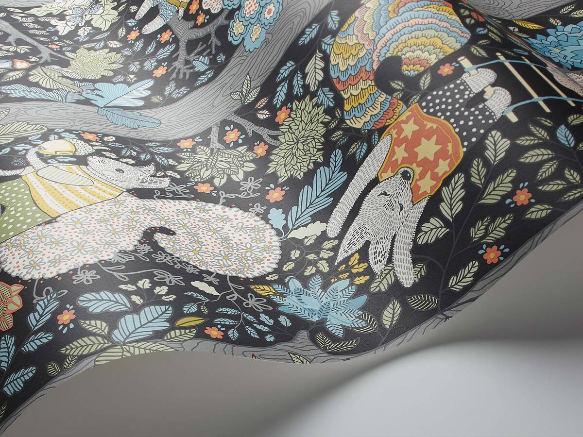 Children's wallpaper with a fairy tale forest theme CHARLIE black with blue