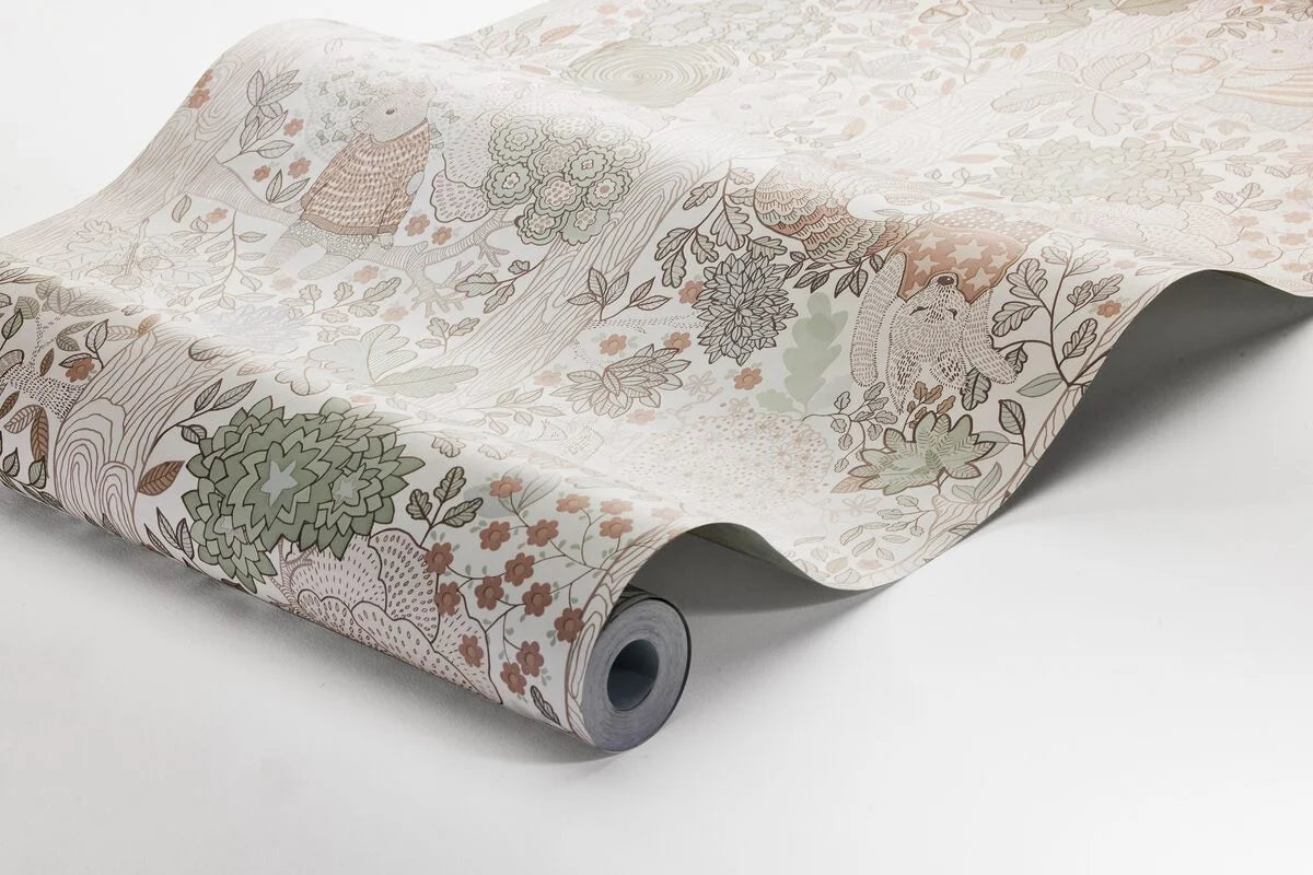 Tapeta dziecięca z motywem baśniowego lasu CHARLIE kremowy z zielonym