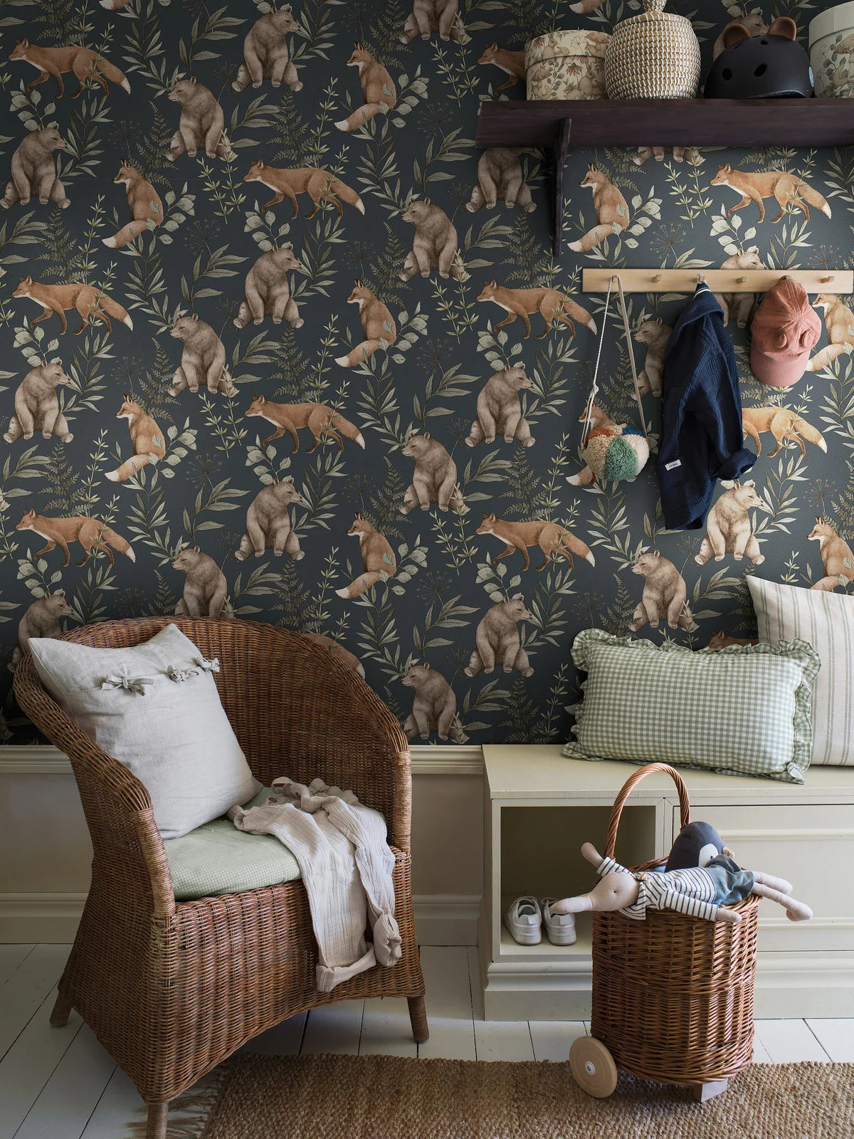 Wild Forest Black Children's Wallpaper with Plant and Animal Motif