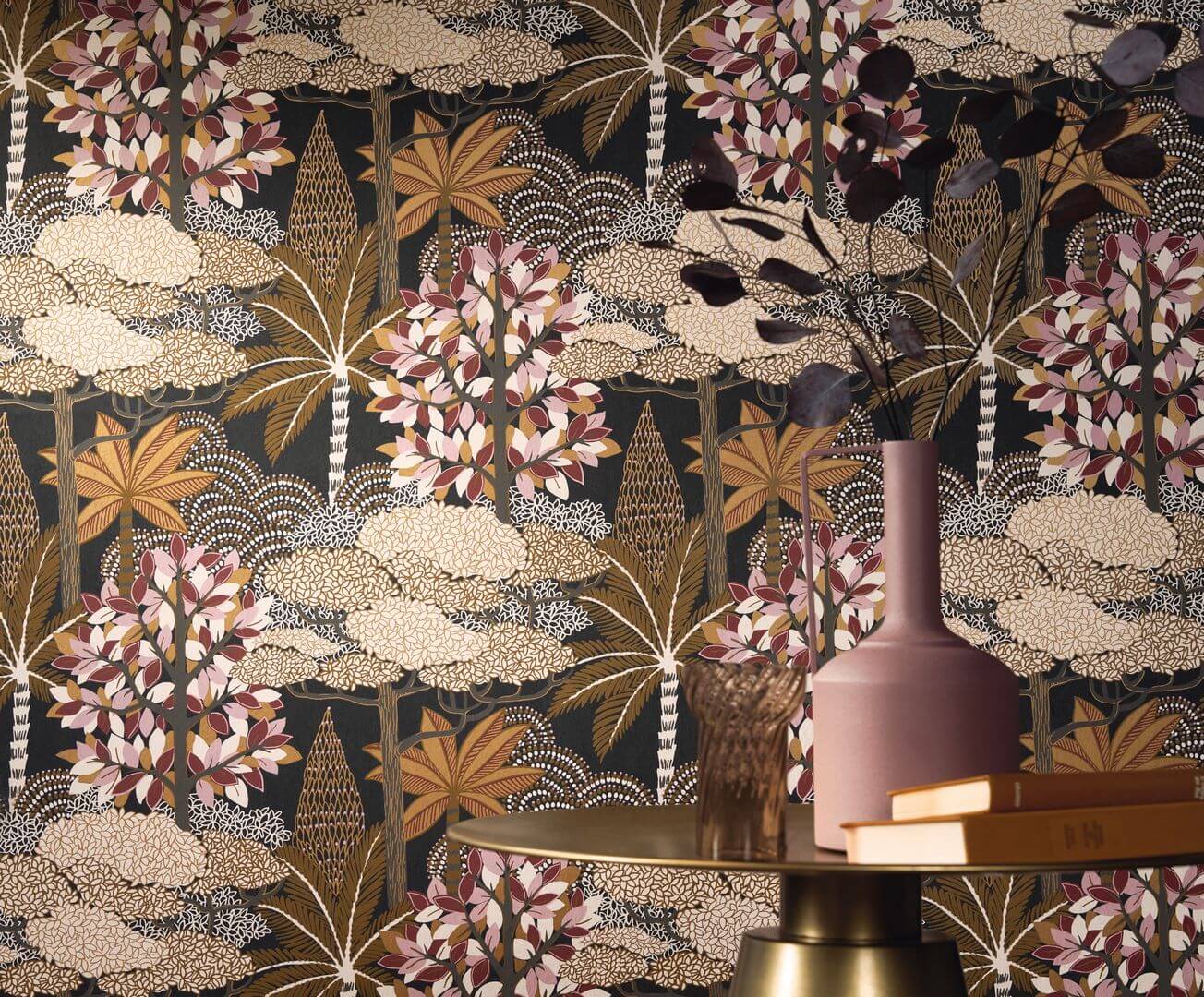 Metallic Wallpaper with Plant Motif MARAKANDA - PASTEL/DORE White with Gold