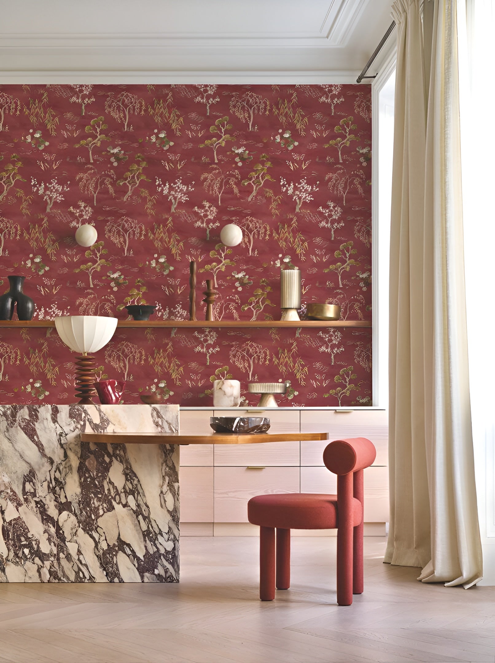 Structural wallpaper with an oriental tree plant motif LEGENDES - BORDEAUX burgundy
