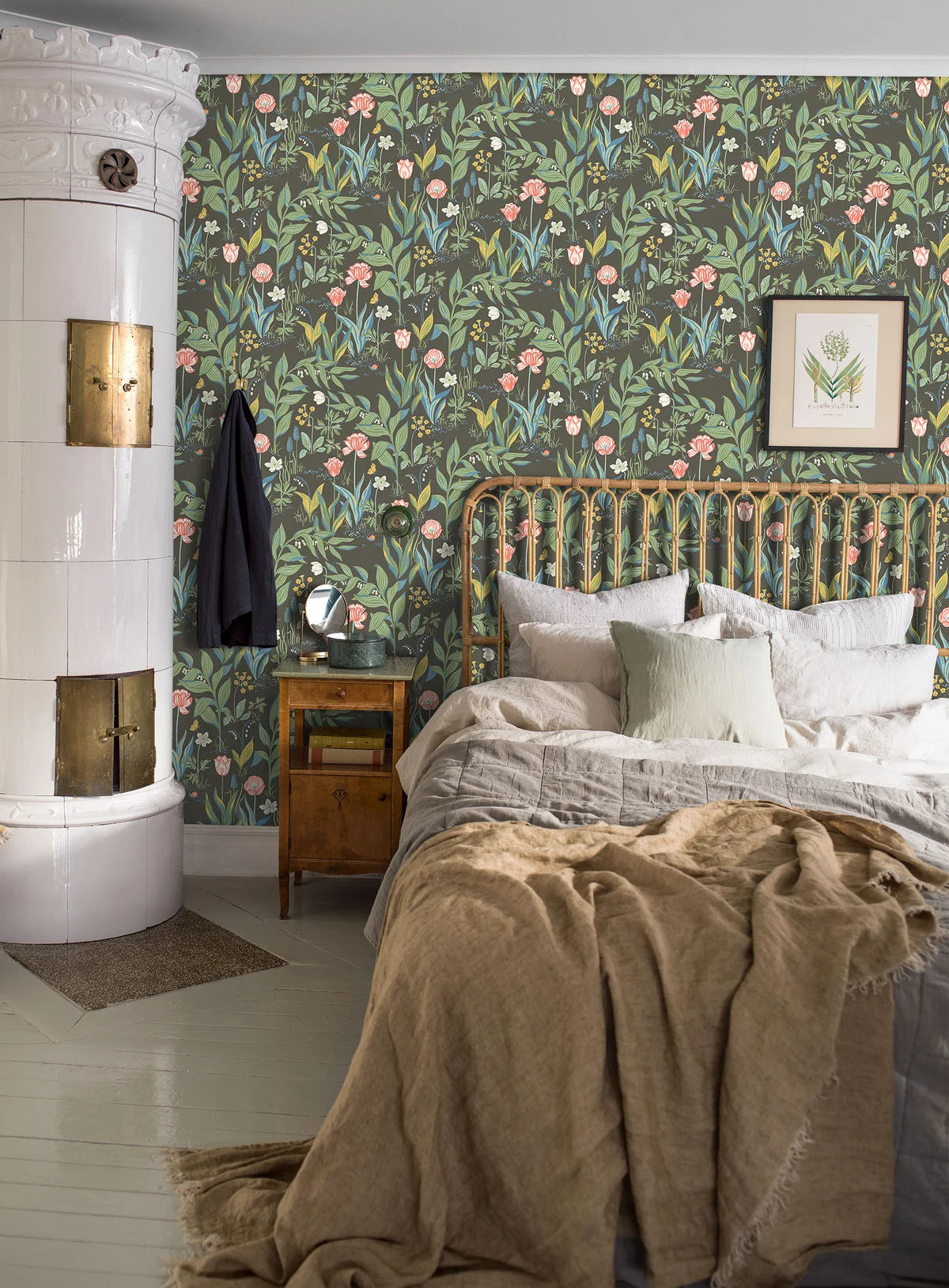 Spring Garden Floral Pattern Wallpaper in Brown and Green