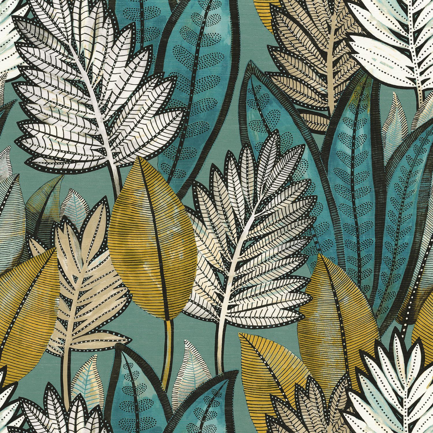 SABAL Structural Wallpaper with Plant Motif - VERT D'EAU Green with Yellow
