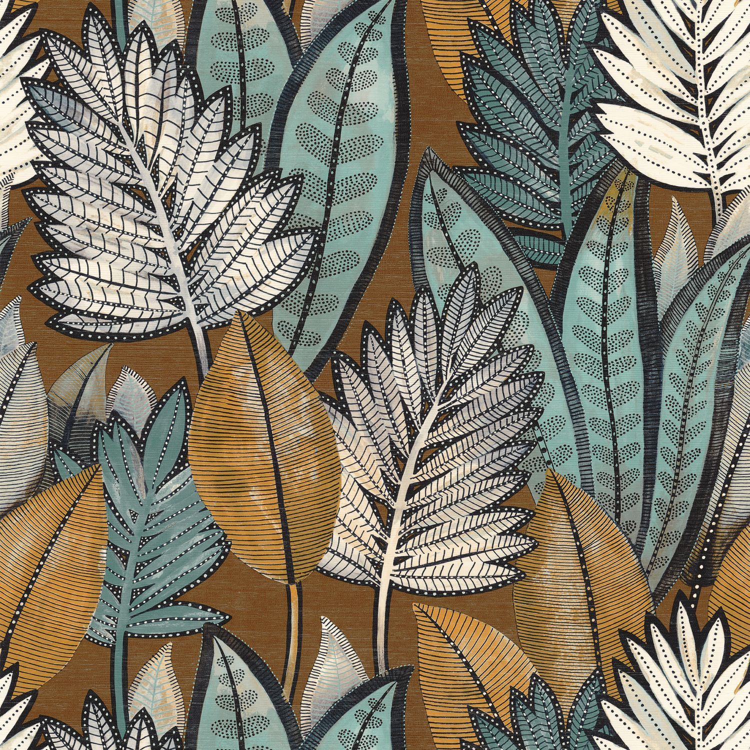 SABAL Structural Wallpaper with Plant Motif - TABAC/CELADON Brown with Celadon Green