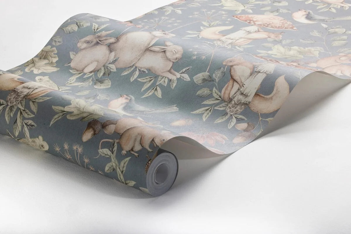 Detská tapeta s motívom zvierat MINOU tlmená modrá