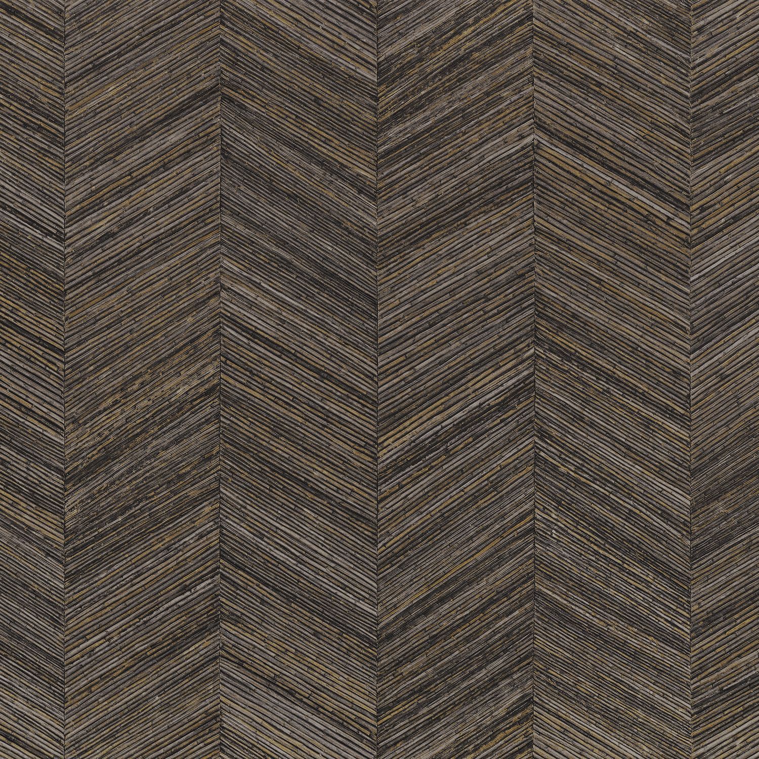 Geometric structural wallpaper imitating wood with a herringbone pattern OCOTEA - DARK BROWN EBENE