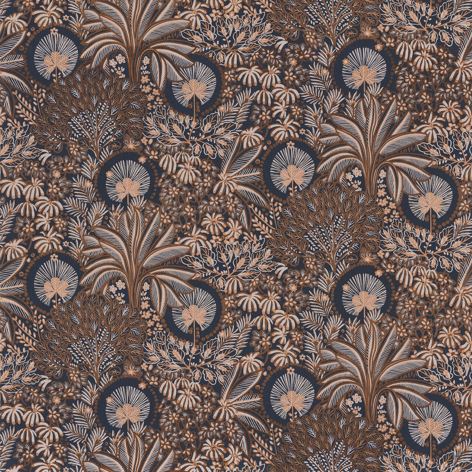 PERSEE Plant-Themed Wallpaper - MARINE CUIVRE Brown with Navy