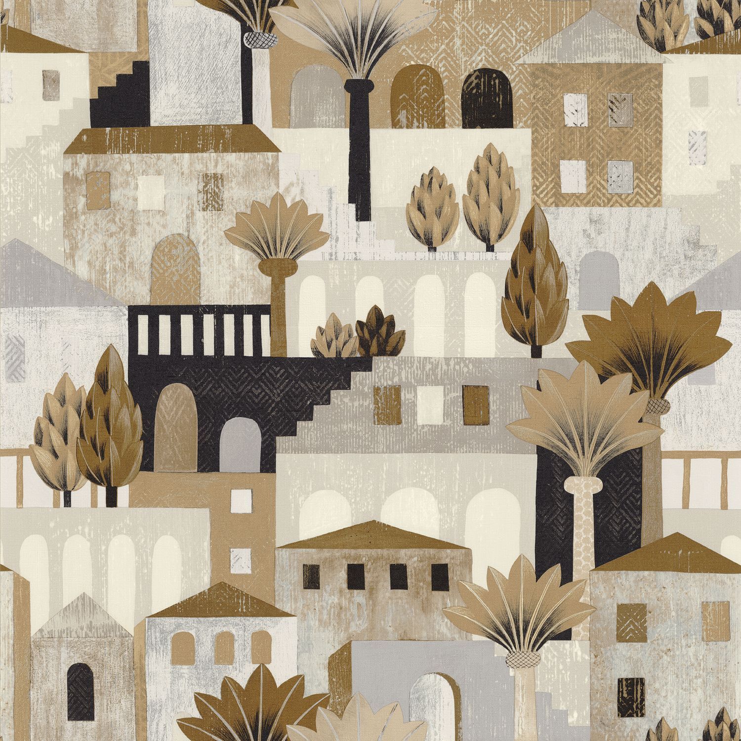 Structural wallpaper with the cityscape of MONTEROSSO - SABLE/MORDORE beige with brown