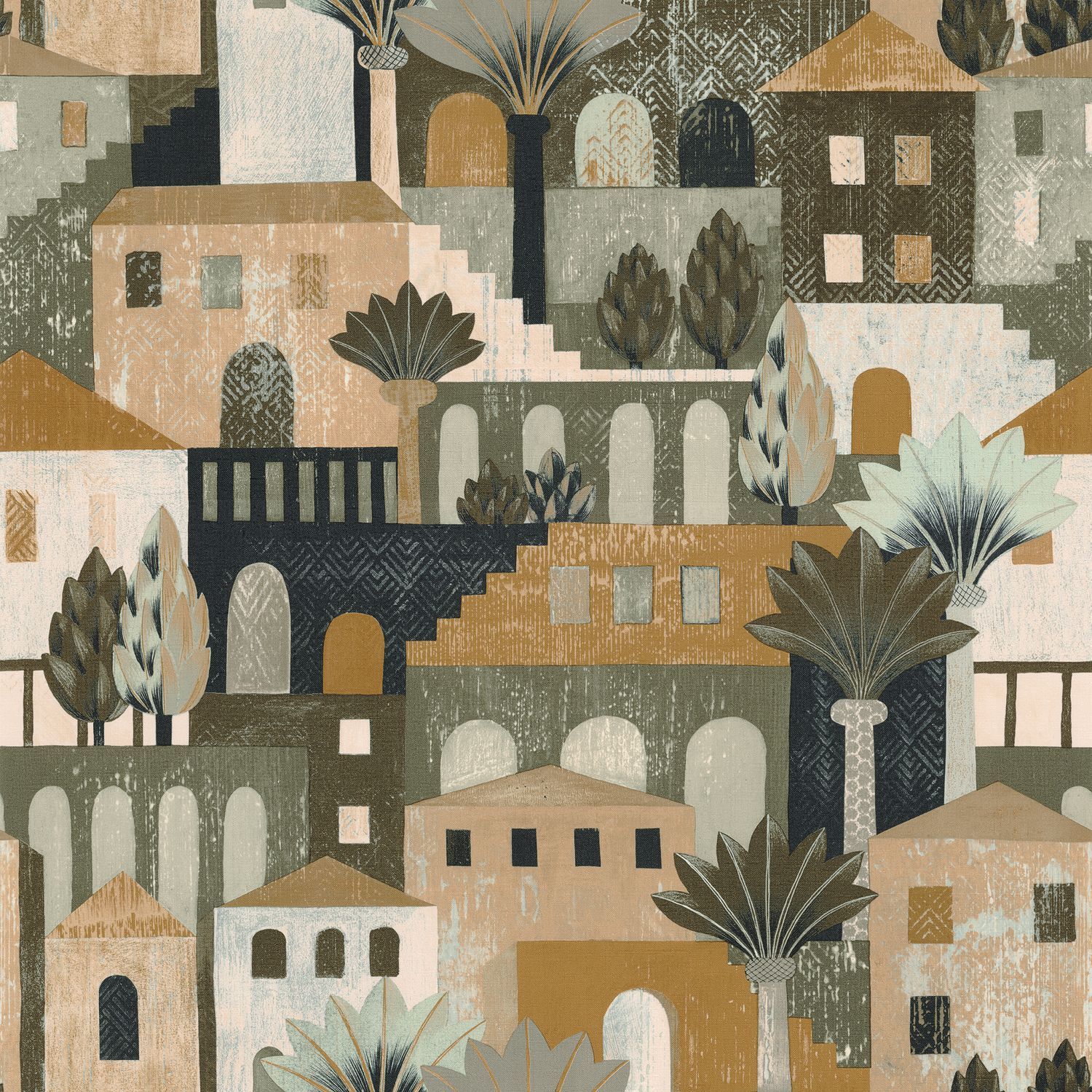 Tapeta štrukturálna s krajinou mesta MONTEROSSO - KAKI/MOUTARDE khaki s horčicovou