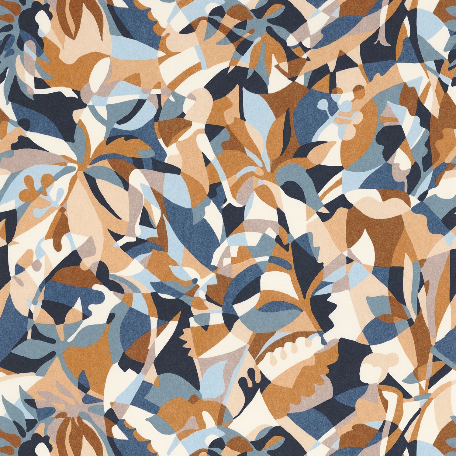 Abstract patterned wallpaper with a botanical motif PLONGEON - BLEU PERSAN/AMBRE blue with honey