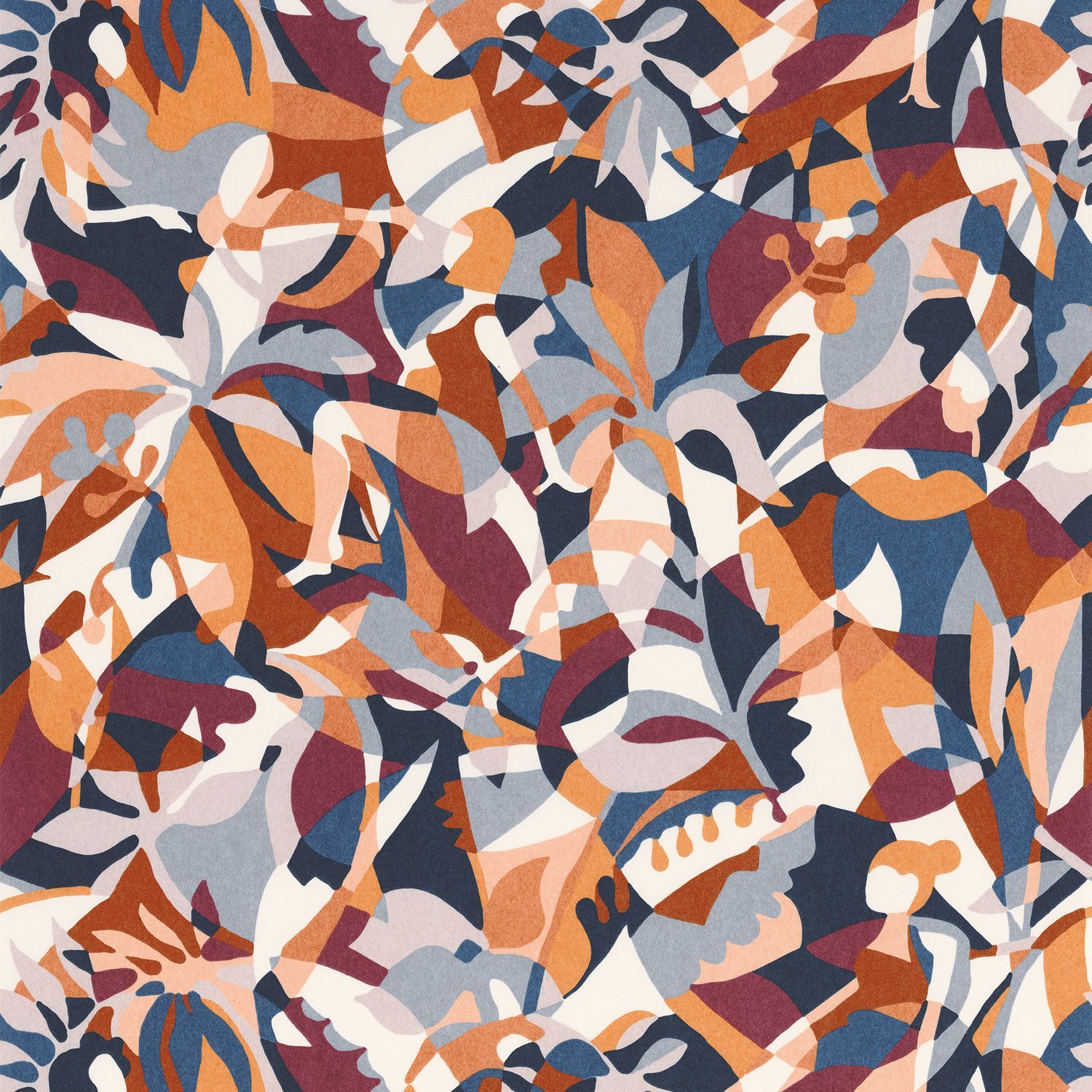 Abstract patterned wallpaper with a botanical motif PLONGEON - MARINE/TERRACOTTA navy blue with terracotta