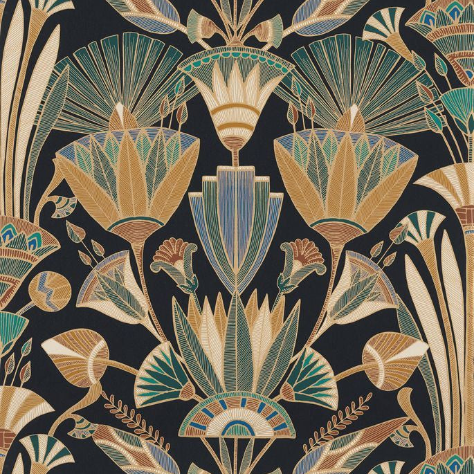 DENDERAH Floral Pattern Wallpaper - NOIR/MULTICO Black with Gold