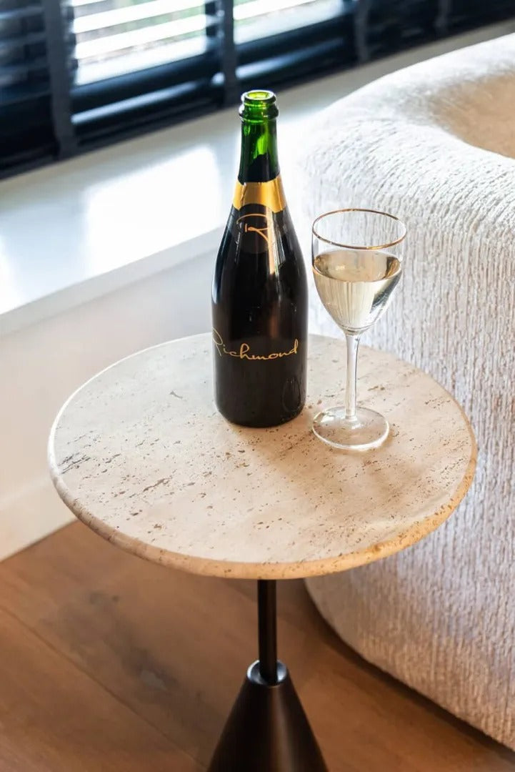 Bočný stolík AVALON travertín s hnedým podstavcom