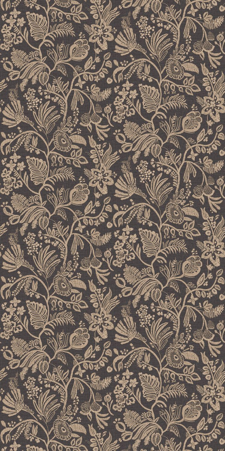Structural wallpaper imitating embroidery with a floral and leaf pattern PASTEL dark brown