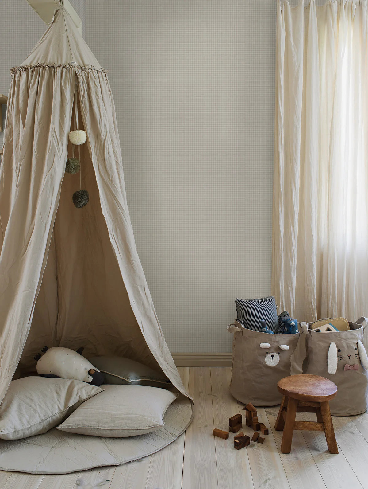 Štruktúrovaná tapeta napodobňujúca ľan v kocke PICNIC CHECK šedá s béžovou