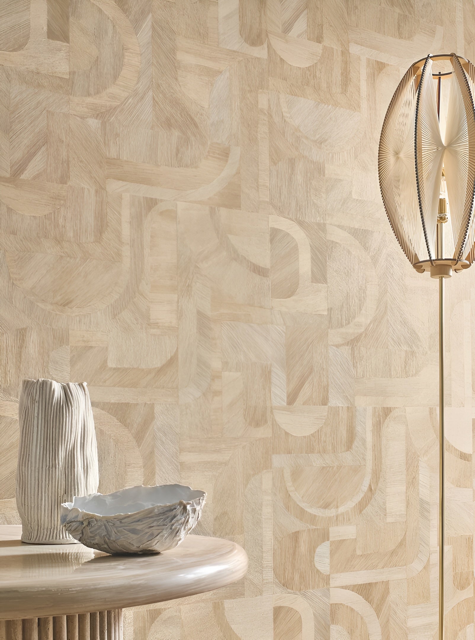 Geometric wood-like structural wallpaper with mosaic pattern INTARSIA - ÉBÈNE ebony