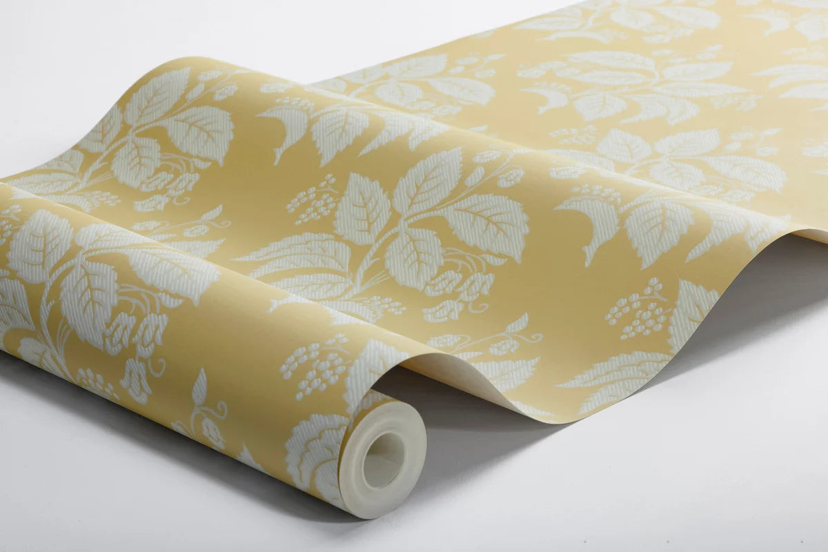 Non-woven paper wallpaper with a plant pattern TENGBERGSKA yellow with white