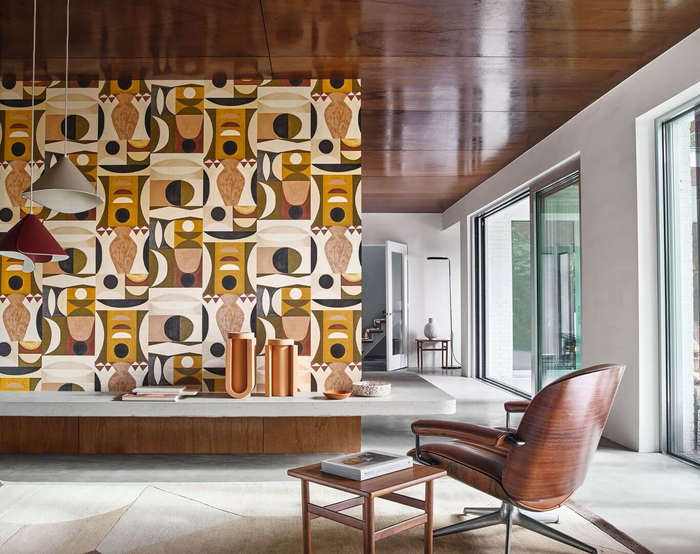 Abstract Wallpaper with Geometric Pattern AUGUSTE - KHAKI/NUDE khaki with orange