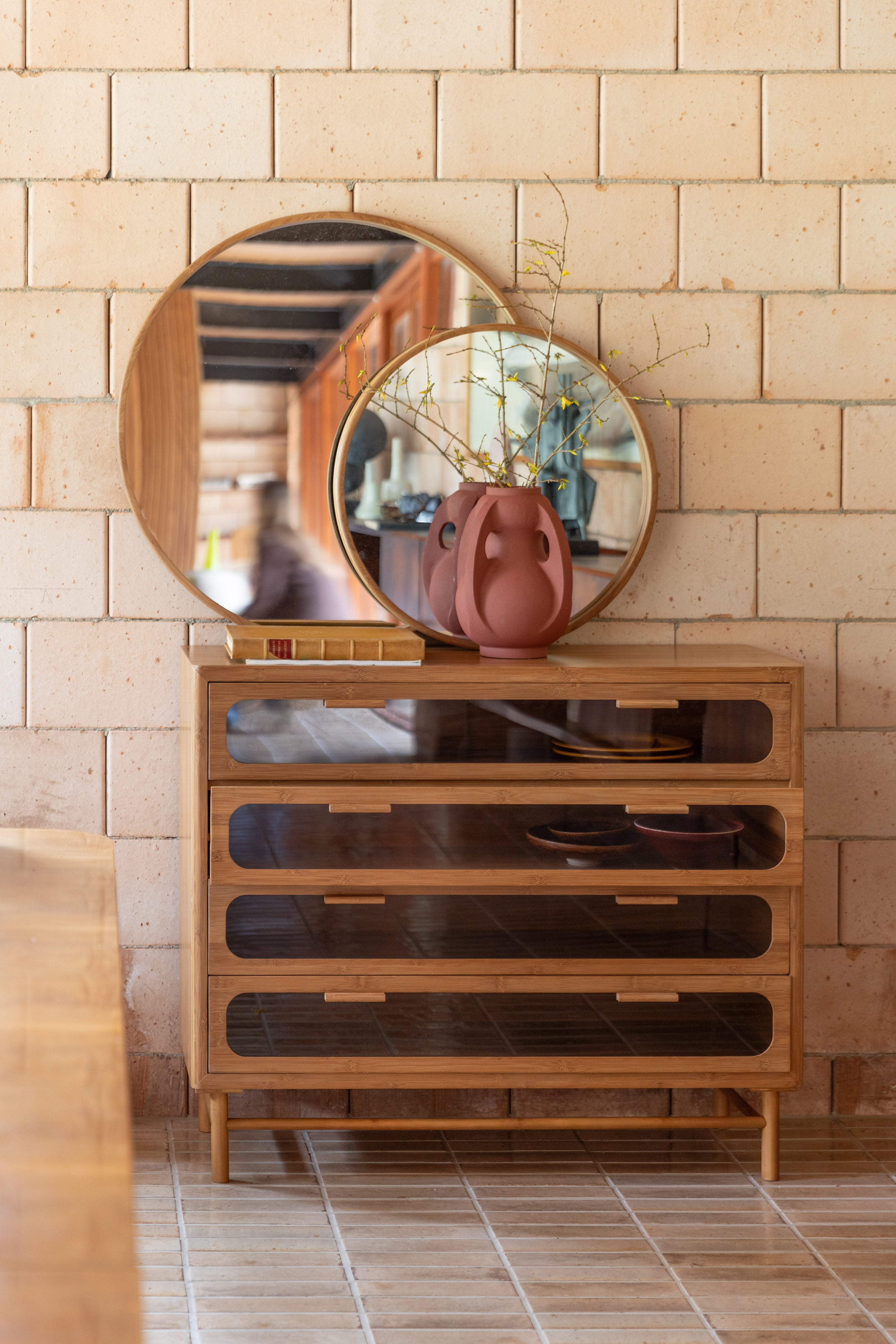 CAROUN Round Mirror Carbonized Bamboo