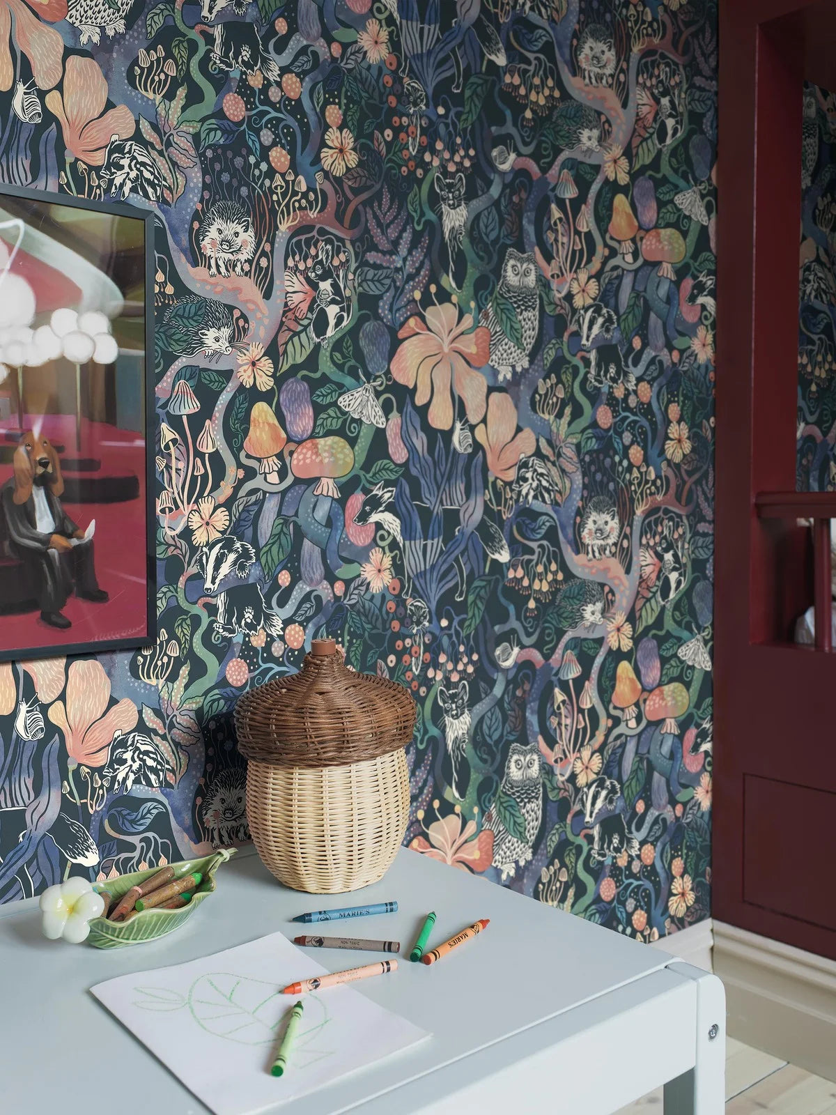 Detská tapeta s motívom rozprávkového lesa MAGIC WOODS modrá s ružovou