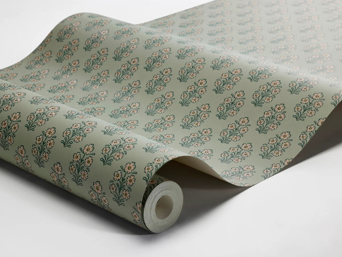 SIBYLLA Green Floral Pattern Wallpaper with Beige