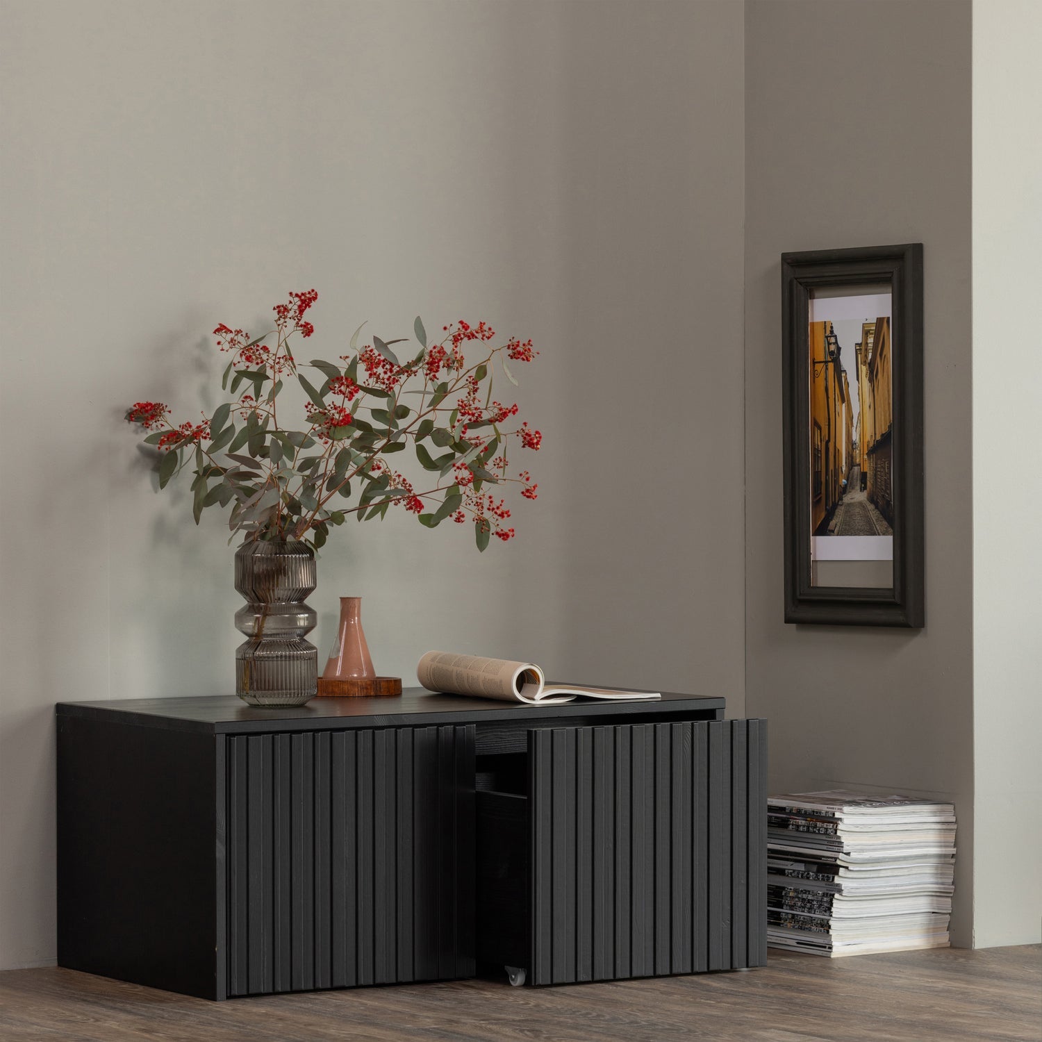 Bench with gravure drawers black pine wood