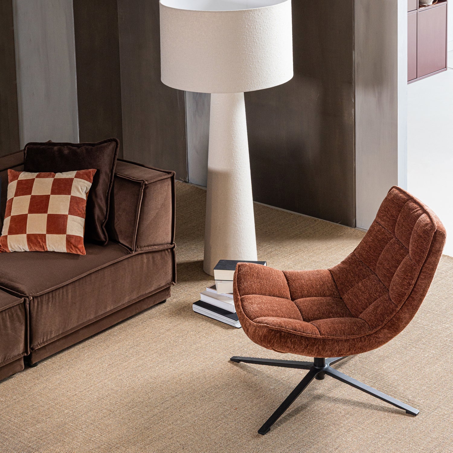 MAUDI swivel armchair in rusty brown chenille