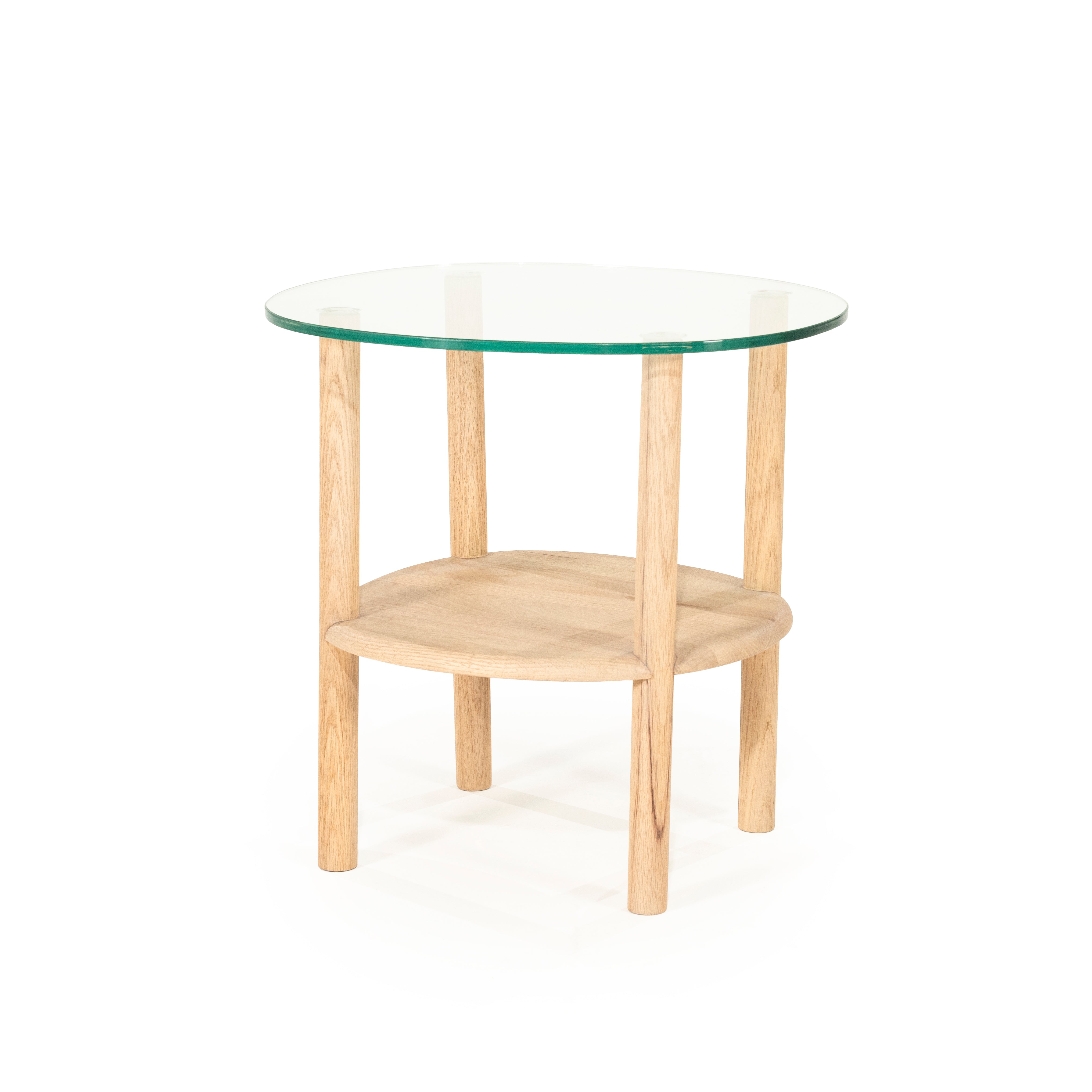CLEO side table made of oak wood with a glass top