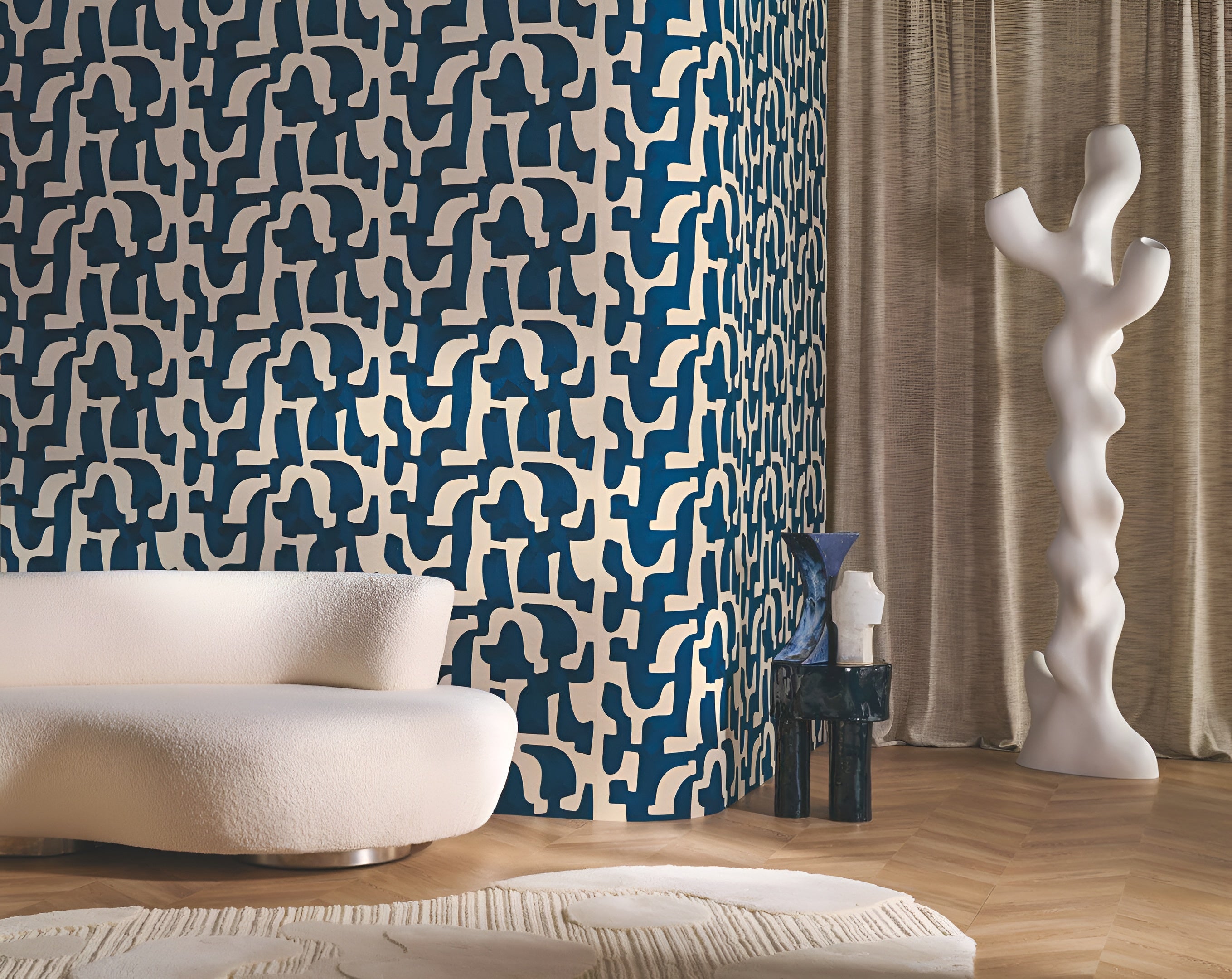 Textile wallpaper with an abstract pattern MONODIE - BLEU CRAIE blue with cream
