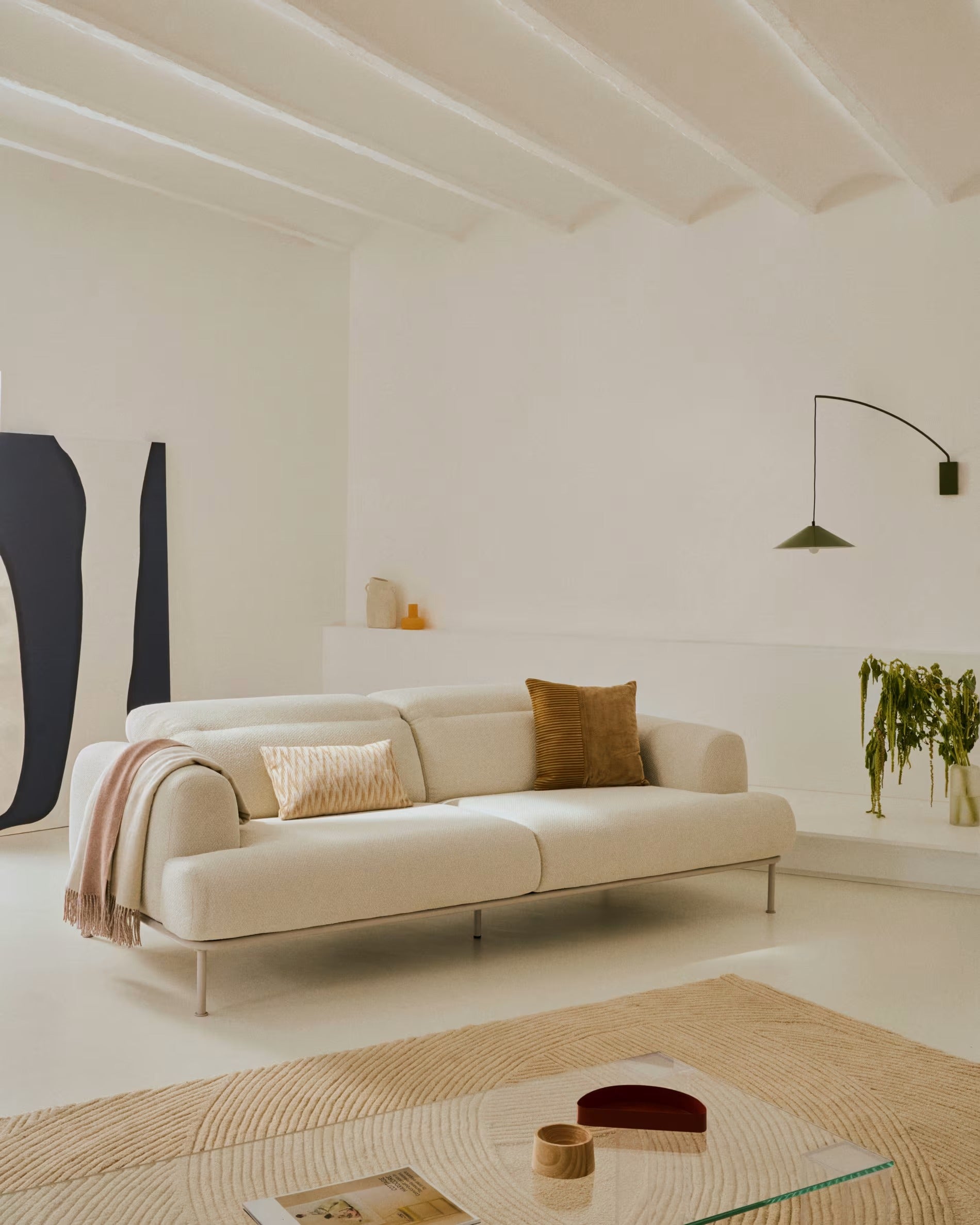 3-seater AURUM ecru chenille sofa with a beige base