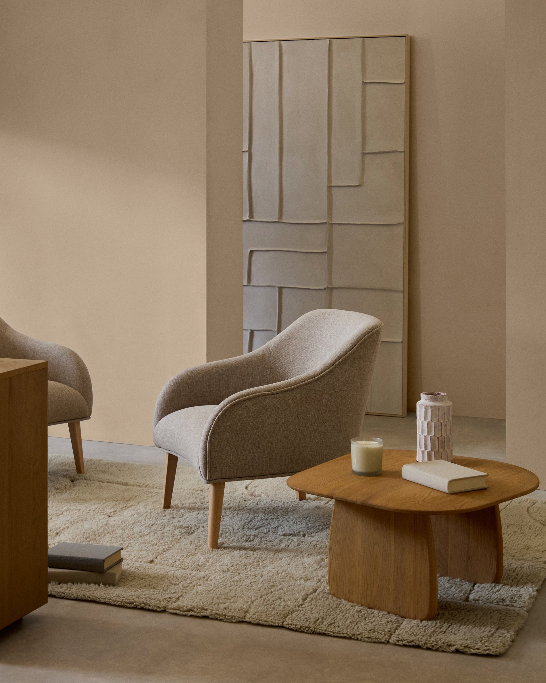 Beige BOBLY Armchair with Wooden Base