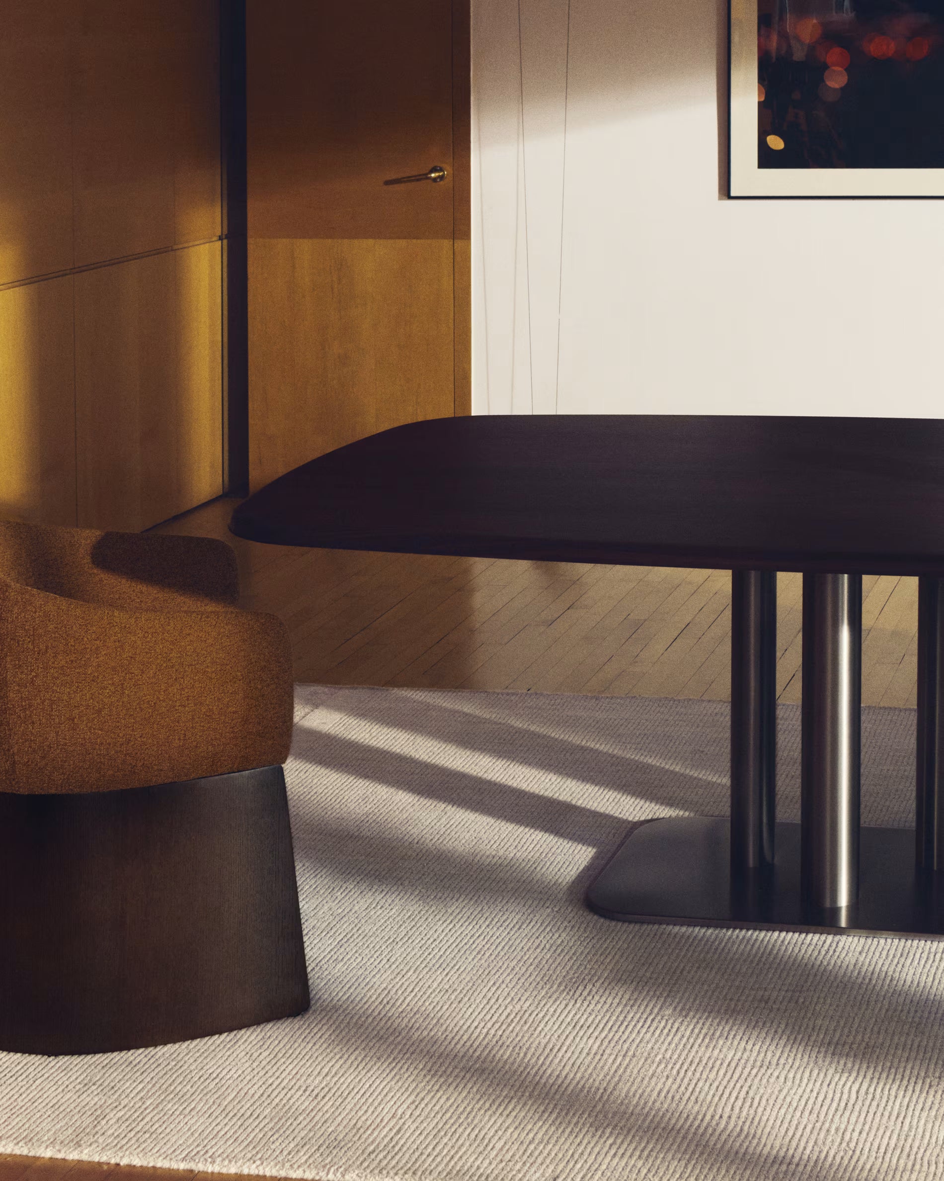 MELVAR table with walnut veneer and steel base