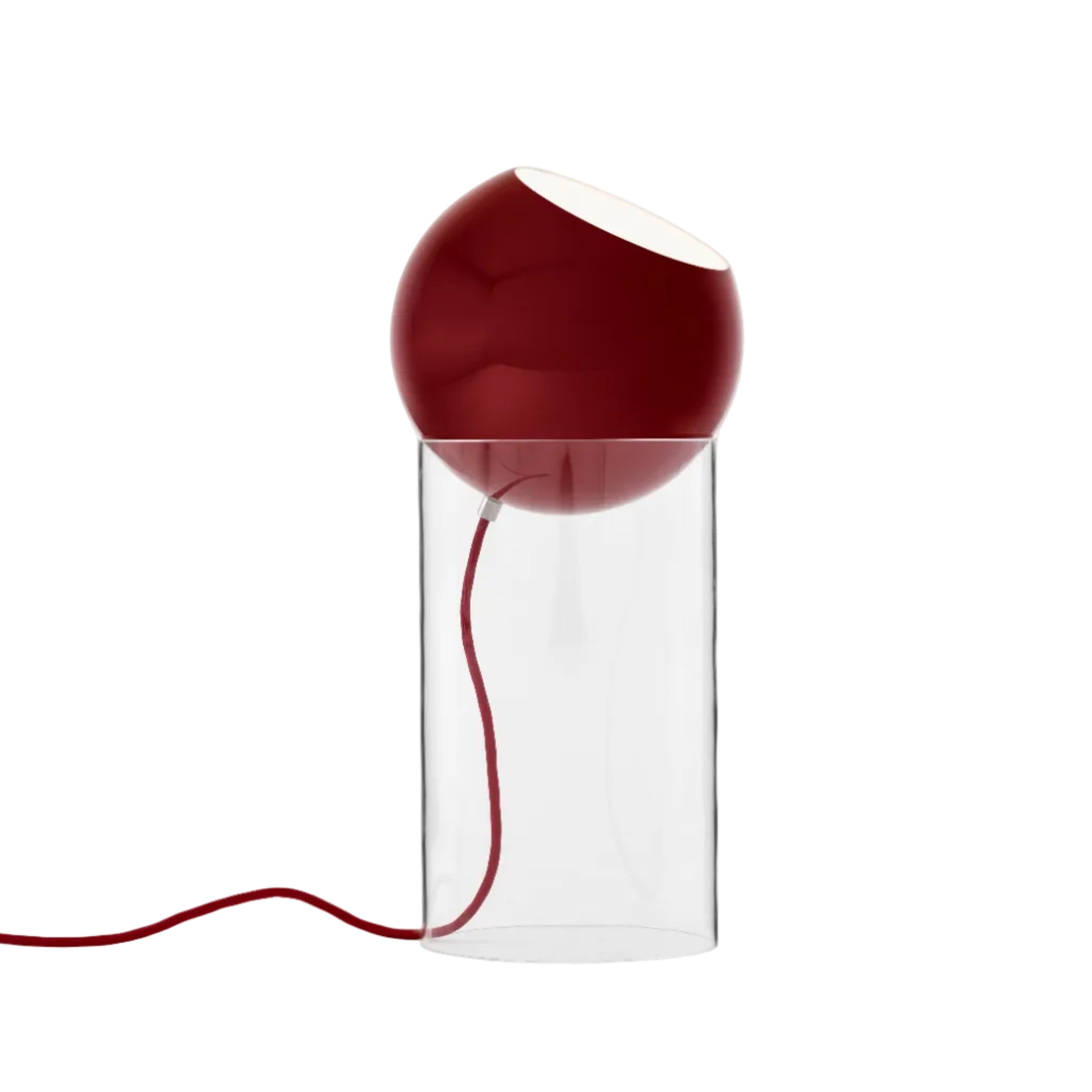 Stolná lampa TOPAN s červeným tienidlo a transparentným podstavcom.